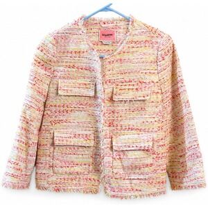 Kate Spade New York Tweed Fringe Jacket Pink Yellow Boucle Textured Blazer Sz 2